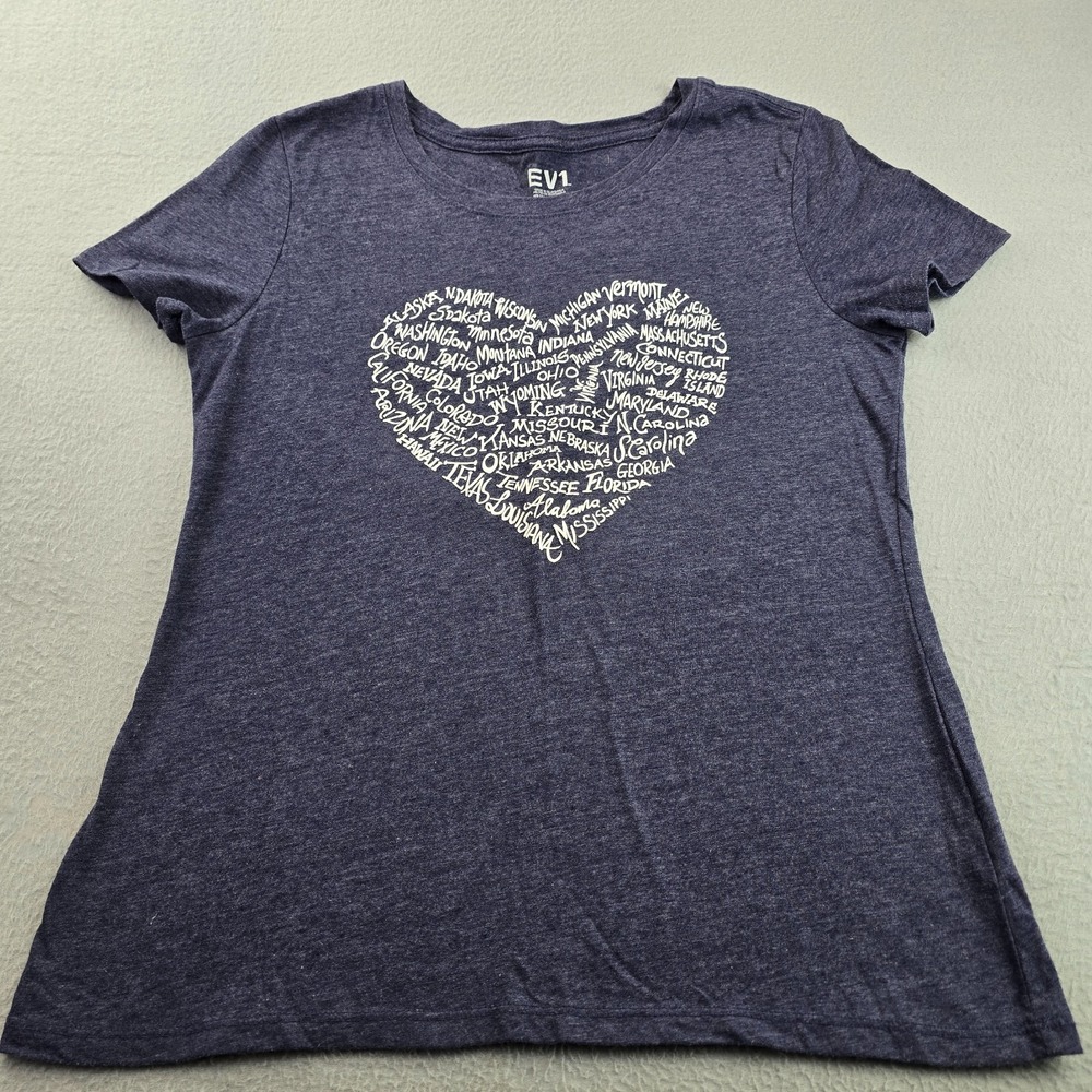 EV1 Find Your State T-Shirt Womens M Heather Blue White Heart Crew Neck Pullover